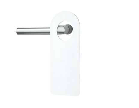 A white tag with a circular top and a cylindrical bar for use