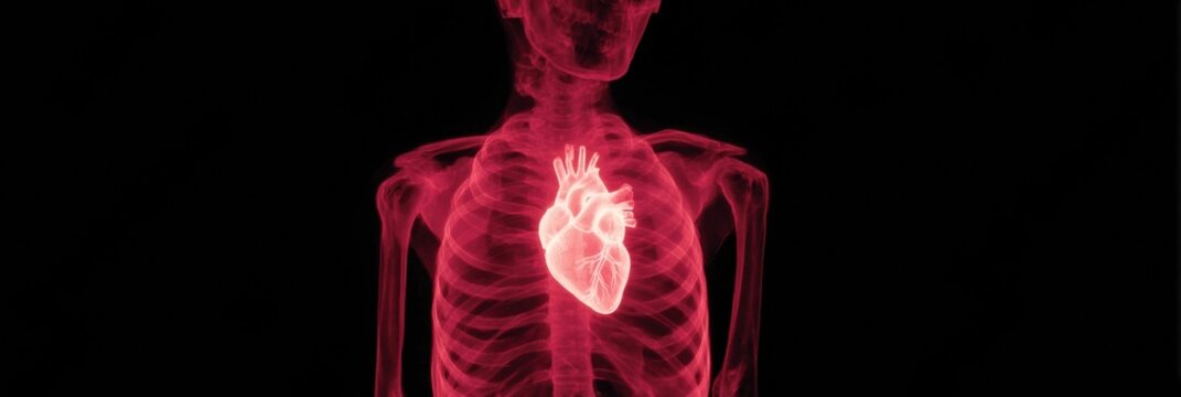 Vibrant 3D representation of human skeleton featuring a highlighted heart, showcasing intricate anatomical details and lifelike rendering.