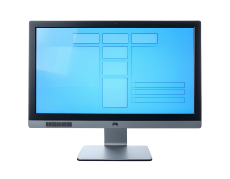 A gray desktop computer monitor on a black background, showing a user interface layout