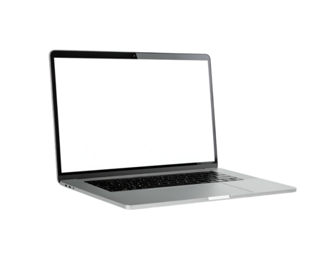 Isolated, open laptop with bright blank screen against a solid black background