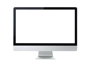 A modern computer monitor with a bright white screen, set against a pure black backdrop