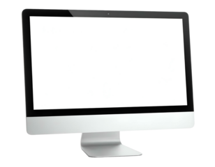 Angled view of a modern, silver all-in-one computer screen with a bright, blank display