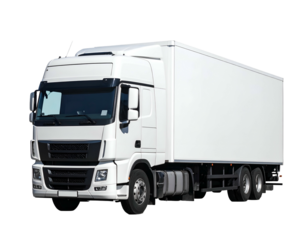 Large white commercial truck with a rectangular cargo area, against a transparent background