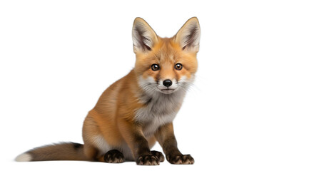 Obraz premium A curious young red fox cub sits patiently while looking forward on a Transparent Background