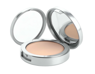 Open powder compact, circular, metallic, showcasing a beige product and two reflective mirrors