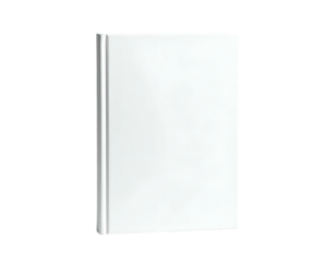 White book standing up against a black backdrop, spine slightly visible