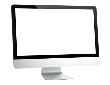 Angled view of a modern, silver all-in-one computer screen with a bright, blank display