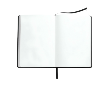 An open, blank notebook, isolated on a black background, showing pristine white pages
