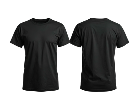 Front and back view of a plain black crew neck t-shirt on a dark background