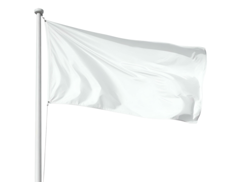 A solitary white flag, fluttering gently in an unseen breeze against a stark black backdrop