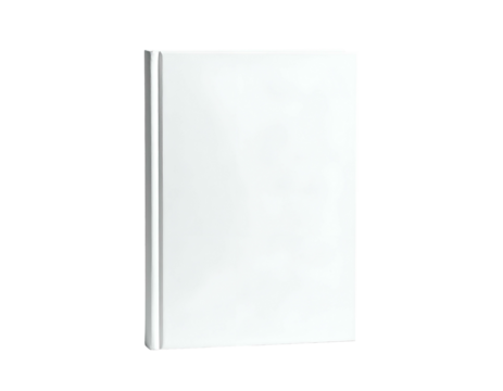 White book standing up against a black backdrop, spine slightly visible