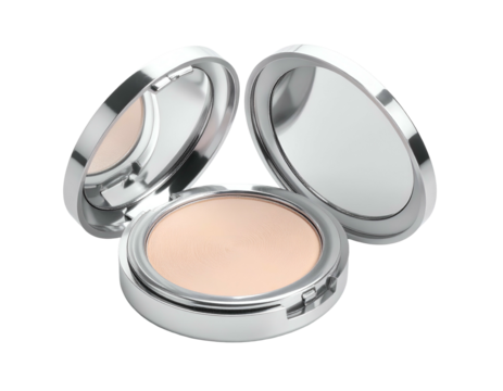 Compact, round makeup with a mirror in open position against a plain black background