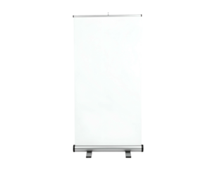 White, blank retractable banner, ready for display, set against a black background