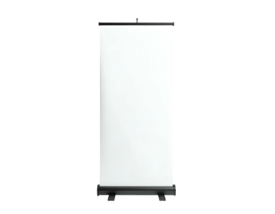 A vertically oriented, rectangular white projection screen on a black base and top