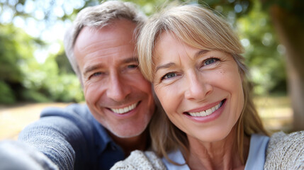 Happy active mid-aged couple taking selfie in park or in nature outdoors, love togetherness and active seniors vitality concept, under soft natural light highlighting joy and conne