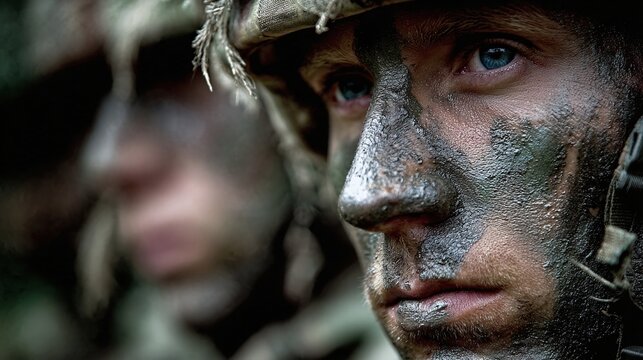 Army Soldiers in Camouflage Face Paint Display Courage and Tactical Focus During Intense Military Field Training Exercises