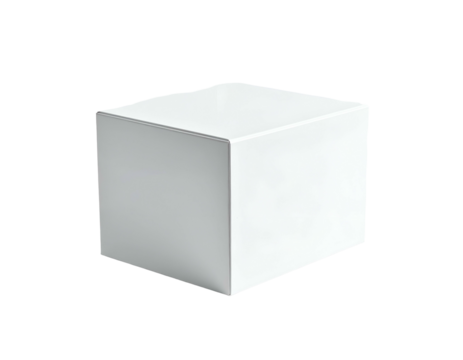 A plain white cube on a transparent black background, simple studio lighting
