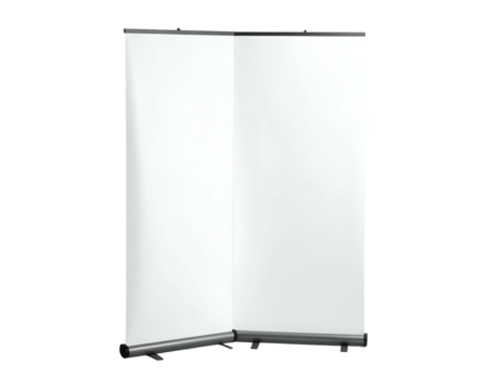 Large, white, promotional banner, stands tall and angled, on black backdrop