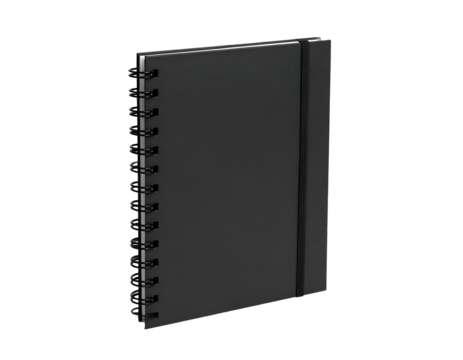 Dark gray notebook with spiral binding and an elastic closure