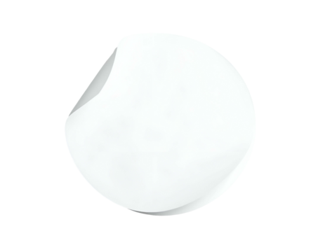 A single, white sticker, with a curled-up corner, set against a stark black background