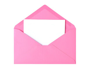 Open pink envelope with a blank white card isolated on a black background