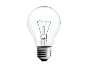 Clear, transparent light bulb, isolated on a black background, showcasing filaments