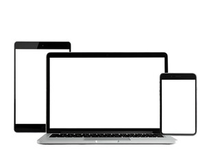 Several blank-screened digital devices laptop, tablet, and smartphone, on a transparent background
