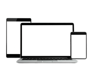 Several blank-screened digital devices laptop, tablet, and smartphone, on a transparent background