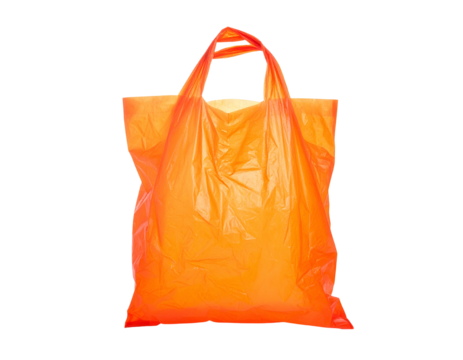 Close-up shot of a vivid orange plastic shopping bag with handles and a transparent appearance