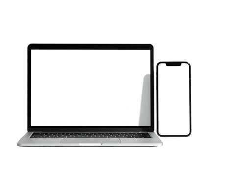 A laptop computer is placed next to a smartphone, both showing blank white screens