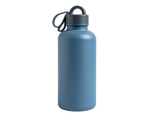 Rendered image depicts a cylindrical water bottle with a dark cap, handle, and a blue finish