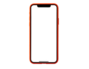 Modern touchscreen smartphone with an orange case, displaying a blank white screen