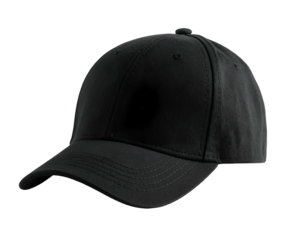 Plain black baseball cap, isolated against a transparent background, perfect for mockup use