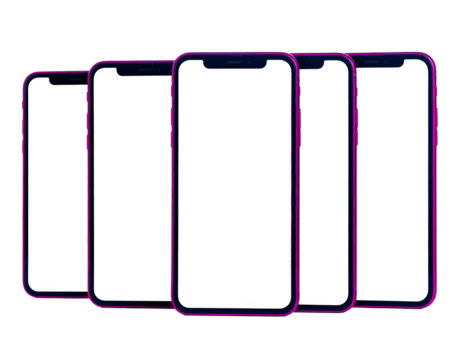 Five smartphones with blank white screens and dark purple outlines, set against a black background