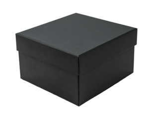 A square, matte black box with a lid sits on a black background