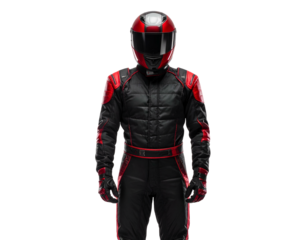 Frontal portrait of a racer in black and red protective gear, helmet included, on black background
