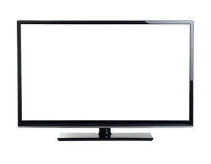 Modern digital display on a stand with a blank screen against a black backdrop