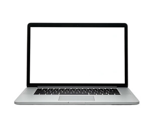 Silver portable computer with a blank white screen isolated against a transparent backdrop