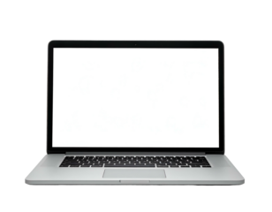 Silver portable computer with a blank white screen isolated against a transparent backdrop