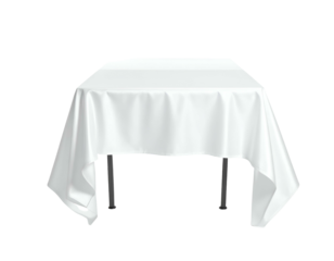 A pristine white tablecloth drapes over a table with black legs, isolated on a black background