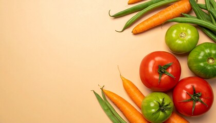 Fresh red and green tomatoes, vibrant orange carrots, and crisp green beans arranged on a light beige background with ample copy space