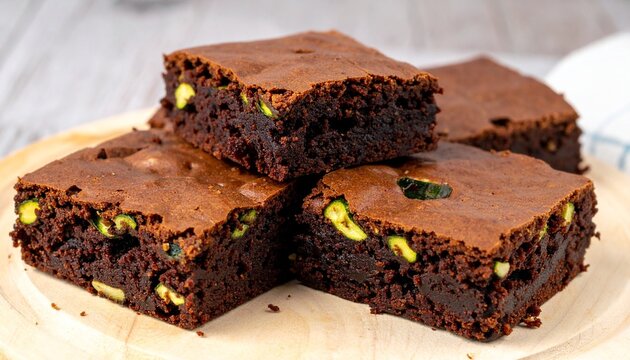 Rich fudgy chocolate brownies with pistachios on a wooden board