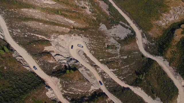 Aerial view dangerous road Katu Yaryk pass in Altai mountains, Chulyshman river gorge Russia.