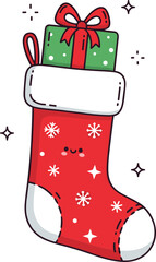 Festive red christmas stocking overflowing with a green gift and sparkles