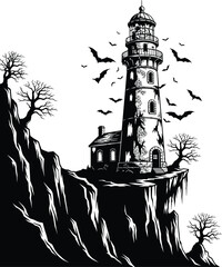 Eerie lighthouse perched on a cliff amidst a swarm of bats