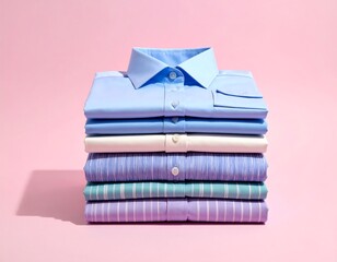 A neatly stacked pile of folded men's shirts in various pastel shades, set against a soft pink background
