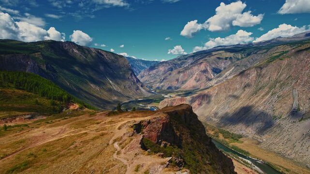 Aerial view Altai Republic Russia. landscape Katu Yaryk pass and valley river of Chulyshman..