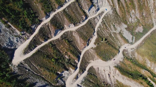 Aerial view dangerous road Katu Yaryk pass in Altai mountains, Chulyshman river gorge Russia.