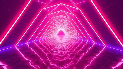 A futuristic neon tunnel with triangular frames and a cyberpunk sci-fi backdrop
