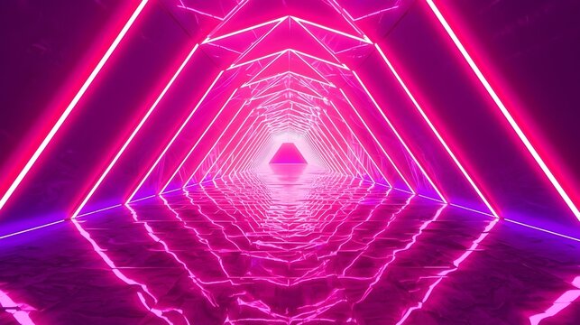 A futuristic neon tunnel with triangular frames and a cyberpunk sci-fi backdrop
